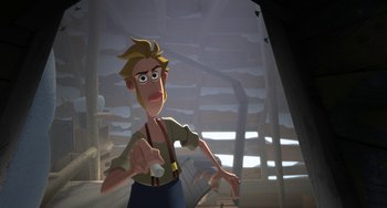 Movie still from “Klaus” (2019), directed by Carlos Martínez López – An animated character is pointing at the camera; Medium shot, Low angle