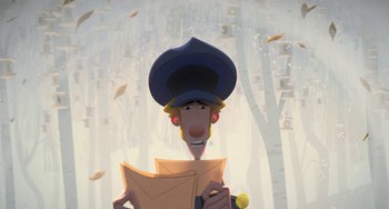 Movie still from “Klaus” (2019), directed by Carlos Martínez López – An animated character is holding a newspaper; Wide shot, Low angle