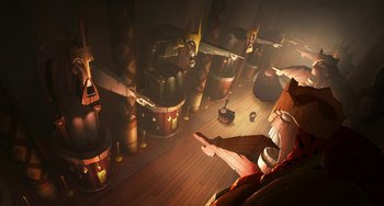 Movie still from “Klaus” (2019), directed by Carlos Martínez López – A man sitting on the floor in front of a bunch of drums; Extreme Wide shot, Low angle