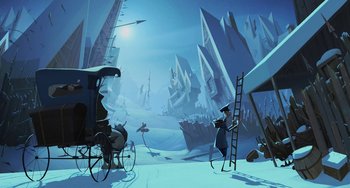 Movie still from “Klaus” (2019), directed by Carlos Martínez López – An animated scene of a man on a horse drawn carriage in the snow; Extreme Wide shot, Low angle