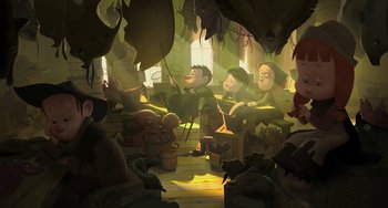 Movie still from “Klaus” (2019), directed by Carlos Martínez López – A group of people sitting around in a room with lots of plants; Wide shot, High angle