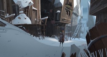 Movie still from “Klaus” (2019), directed by Carlos Martínez López – An artistic rendering of a person standing in front of a building; Extreme Wide shot, High angle