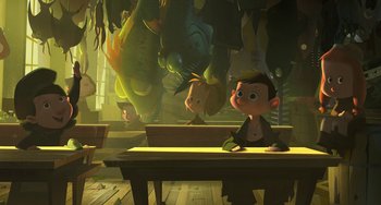 Movie still from “Klaus” (2019), directed by Carlos Martínez López – A scene of a cartoon with a boy sitting on a yellow table; Wide shot, Low angle