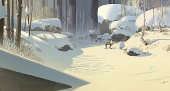 Movie still from “Klaus” (2019), directed by Carlos Martínez López – An illustration of animals in a snowy forest; Extreme Wide shot, High angle