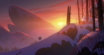 Movie still from “Klaus” (2019), directed by Carlos Martínez López – The sun is setting over a snowy mountain; Extreme Wide shot, Low angle