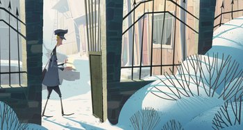 Movie still from “Klaus” (2019), directed by Carlos Martínez López – An illustration of a person walking in the snow; Wide shot, High angle