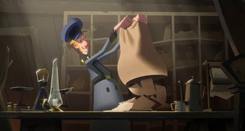 Movie still from “Klaus” (2019), directed by Carlos Martínez López – An animated picture of a man holding a bag; Wide shot, High angle
