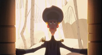 Movie still from “Klaus” (2019), directed by Carlos Martínez López – An animated character is standing in the woods; Wide shot, Over the shoulder angle