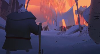 Movie still from “Klaus” (2019), directed by Carlos Martínez López – An image of an animated scene with a fire hydrant; Extreme Wide shot, Low angle