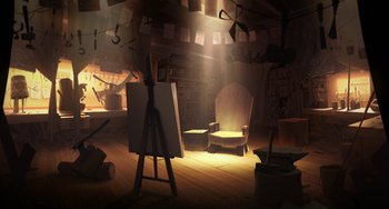 Movie still from “Klaus” (2019), directed by Carlos Martínez López – An artist's studio with an easel and a chair; Extreme Wide shot, High angle