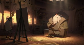 Movie still from “Klaus” (2019), directed by Carlos Martínez López – An old man sitting in front of an easel in a room; Wide shot, Low angle