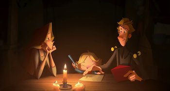 Movie still from “Klaus” (2019), directed by Carlos Martínez López – Three people sitting at a table with a lit candle in front of them; Medium shot, High angle