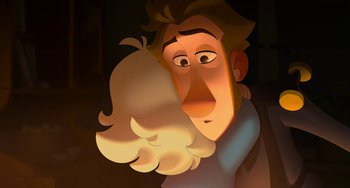 Movie still from “Klaus” (2019), directed by Carlos Martínez López – An animated man holding a flower in front of his face; Close Up shot, Over the shoulder angle