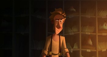 Movie still from “Klaus” (2019), directed by Carlos Martínez López – An animated man is standing in front of shelves of papers; Medium shot, High angle