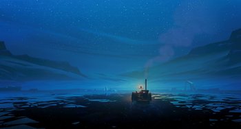 Movie still from “Klaus” (2019), directed by Carlos Martínez López – An image of a man on a boat in the ocean at night; Extreme Wide shot, Low angle