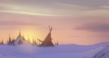 Movie still from “Klaus” (2019), directed by Carlos Martínez López – A teepee in the middle of the desert; Extreme Wide shot, High angle