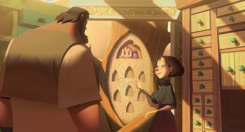 Movie still from “Klaus” (2019), directed by Carlos Martínez López – A woman and a man looking into a window; Wide shot, Over the shoulder angle