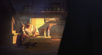 Movie still from “Klaus” (2019), directed by Carlos Martínez López – A man sitting at a table in front of a window; Wide shot, Over the shoulder angle