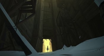 Movie still from “Klaus” (2019), directed by Carlos Martínez López – An illustration of a person standing in a dark room; Extreme Wide shot, Low angle