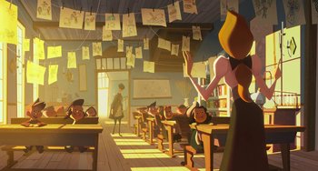 Movie still from “Klaus” (2019), directed by Carlos Martínez López – An animated scene of people in a classroom; Extreme Wide shot, Low angle