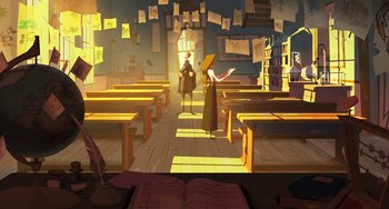 Movie still from “Klaus” (2019), directed by Carlos Martínez López – A man and a woman standing in a classroom; Extreme Wide shot, High angle