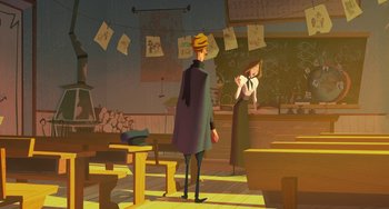 Movie still from “Klaus” (2019), directed by Carlos Martínez López – A man and a woman standing in front of a table; Wide shot, Over the shoulder angle