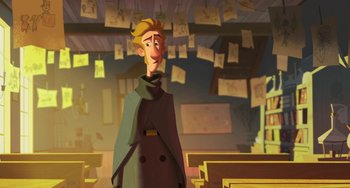 Movie still from “Klaus” (2019), directed by Carlos Martínez López – An animated man in a green coat standing in a room with papers hanging from the ceiling; Medium shot, Over the shoulder angle