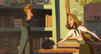 Movie still from “Klaus” (2019), directed by Carlos Martínez López – An illustration of a man and a woman in a room; Medium shot, Over the shoulder angle