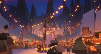 Movie still from “Klaus” (2019), directed by Carlos Martínez López – An illustration of a town with lights hanging from the ceiling; Extreme Wide shot, Low angle