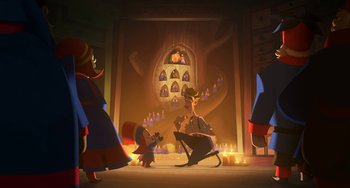 Movie still from “Klaus” (2019), directed by Carlos Martínez López – A group of people standing in front of a fireplace; Wide shot, Over the shoulder angle