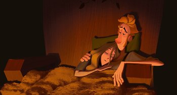 Movie still from “Klaus” (2019), directed by Carlos Martínez López – A cartoon character laying on the ground with a knife in his hand; Wide shot, High angle