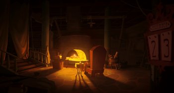 Movie still from “Klaus” (2019), directed by Carlos Martínez López – A fireplace in the middle of a room lit by a candle; Extreme Wide shot, High angle