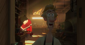 Movie still from “Klaus” (2019), directed by Carlos Martínez López – An animated scene of a man in a workshop; Medium shot, Low angle