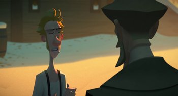 Movie still from “Klaus” (2019), directed by Carlos Martínez López – A man and a woman are talking to each other; Close Up shot, Over the shoulder angle