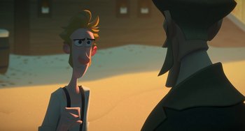 Movie still from “Klaus” (2019), directed by Carlos Martínez López – A man and a woman are talking in the desert; Close Up shot, Over the shoulder angle