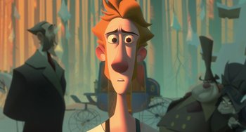 Movie still from “Klaus” (2019), directed by Carlos Martínez López – An animated man with a red hair and a beard; Close Up shot, Over the shoulder angle