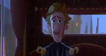 Movie still from “Klaus” (2019), directed by Carlos Martínez López – A man with a yellow hair and a black suit; Close Up shot, Over the shoulder angle