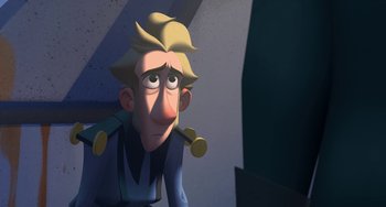 Movie still from “Klaus” (2019), directed by Carlos Martínez López – An animated character with blond hair and blue eyes; Close Up shot, Over the shoulder angle