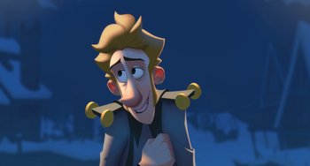 Movie still from “Klaus” (2019), directed by Carlos Martínez López – A cartoon of a man with a beard and a jacket on; Close Up shot, Over the shoulder angle