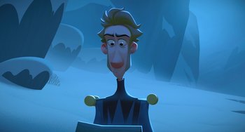 Movie still from “Klaus” (2019), directed by Carlos Martínez López – A cartoon of a man in a blue shirt; Close Up shot, High angle