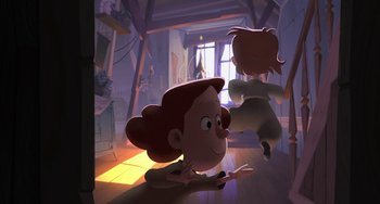 Movie still from “Klaus” (2019), directed by Carlos Martínez López – A cartoon of a girl sitting on the floor; Wide shot, Low angle