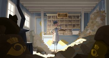 Movie still from “Klaus” (2019), directed by Carlos Martínez López – An illustration of a person standing in a room; Extreme Wide shot, Low angle