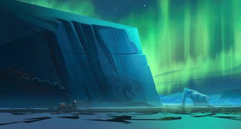 Movie still from “Klaus” (2019), directed by Carlos Martínez López – An illustration of an aurora borealis over an ice cave; Extreme Wide shot, Low angle