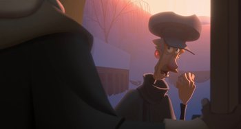 Movie still from “Klaus” (2019), directed by Carlos Martínez López – An old man is standing next to another old man; Close Up shot, Over the shoulder angle