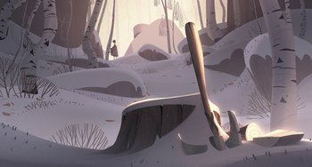 Movie still from “Klaus” (2019), directed by Carlos Martínez López – An illustration of a person digging a hole in the ground; Extreme Wide shot, High angle