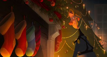 Movie still from “Klaus” (2019), directed by Carlos Martínez López – A christmas tree with lights hanging from the ceiling; Wide shot, Low angle