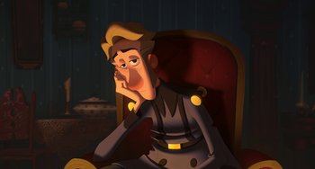 Movie still from “Klaus” (2019), directed by Carlos Martínez López – A man sitting in a chair with his hand to his face; Medium shot, High angle