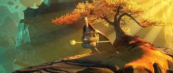 Movie still from “Kung Fu Panda 3” (2016), directed by Jennifer Yuh Nelson – An image of an animated character with a bow and arrow; Wide shot, Low angle