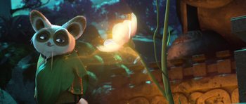Movie still from “Kung Fu Panda 3” (2016), directed by Jennifer Yuh Nelson – An image of an animal that is looking at a flower; Medium shot, Low angle