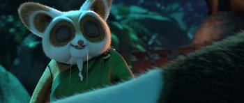Movie still from “Kung Fu Panda 3” (2016), directed by Jennifer Yuh Nelson – An animated character with a green jacket and a white mask; Close Up shot, Over the shoulder angle